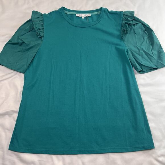 ENGLISH FACTORY Top Size M Teal Green Mini Ruffle Puff Sleeve Crew Neck T-Shirt - Picture 2 of 13